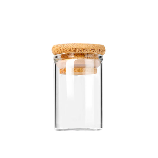 2oz Glass Storage Jar with Wooden Lid – Custom Logo Print or Etched Lid