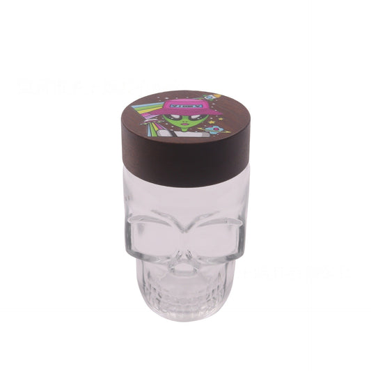 Clear Glass Skull Shaped Jar with Printed Wood Lid