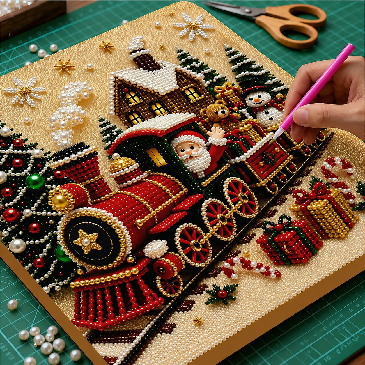 Pearl Painting Kit | Christmas Train with Frame 20x20cm