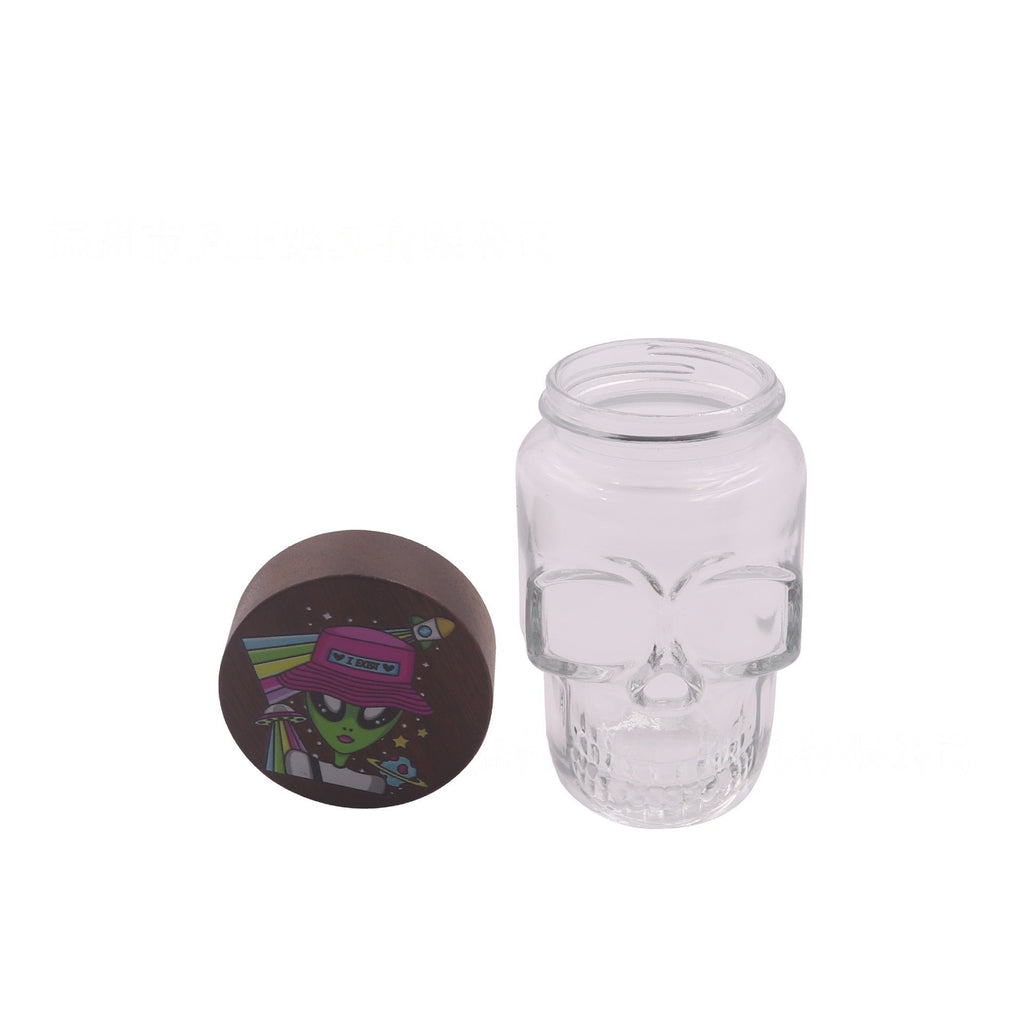 Clear Glass Skull Shaped Jar with Printed  Wood Lid