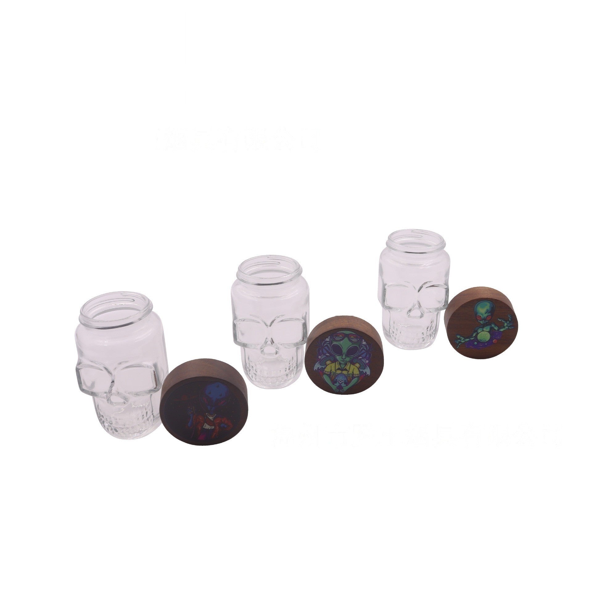 Clear Glass Skull Shaped Jar with Printed  Wood Lid