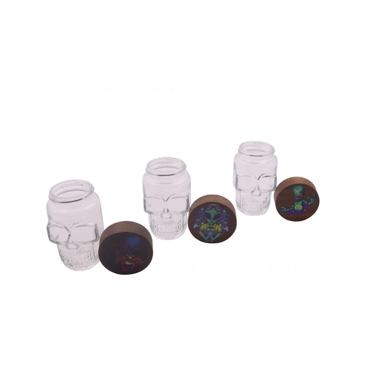 Clear Glass Skull Shaped Jar with Printed  Wood Lid