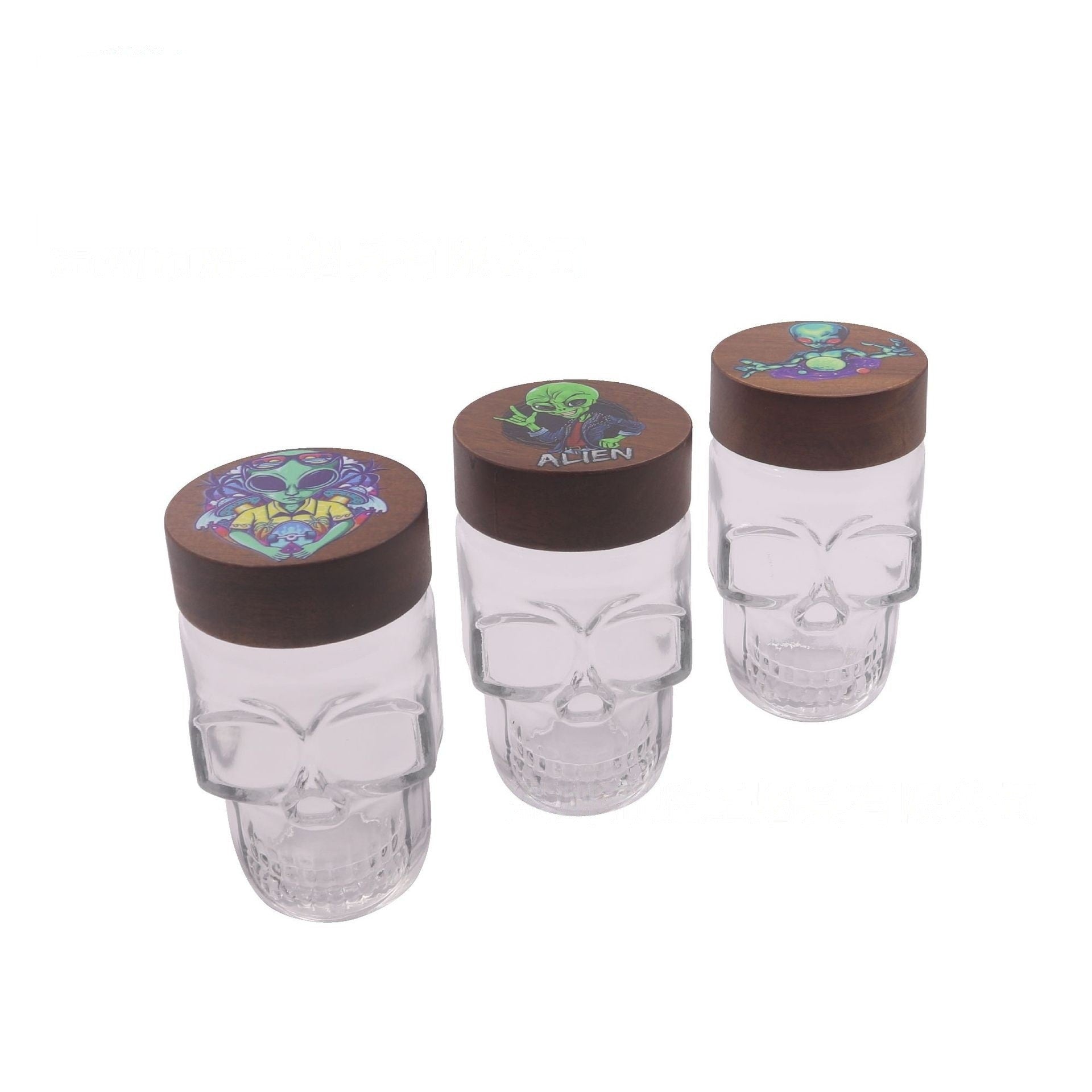 Clear Glass Skull Shaped Jar with Printed  Wood Lid