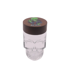 Clear Glass Skull Shaped Jar with Printed  Wood Lid
