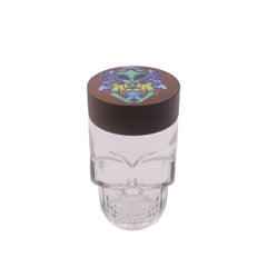 Clear Glass Skull Shaped Jar with Printed  Wood Lid