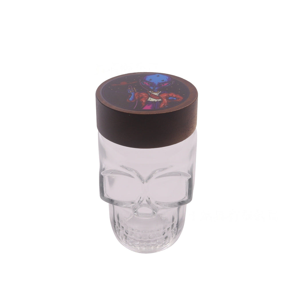 Clear Glass Skull Shaped Jar with Printed  Wood Lid
