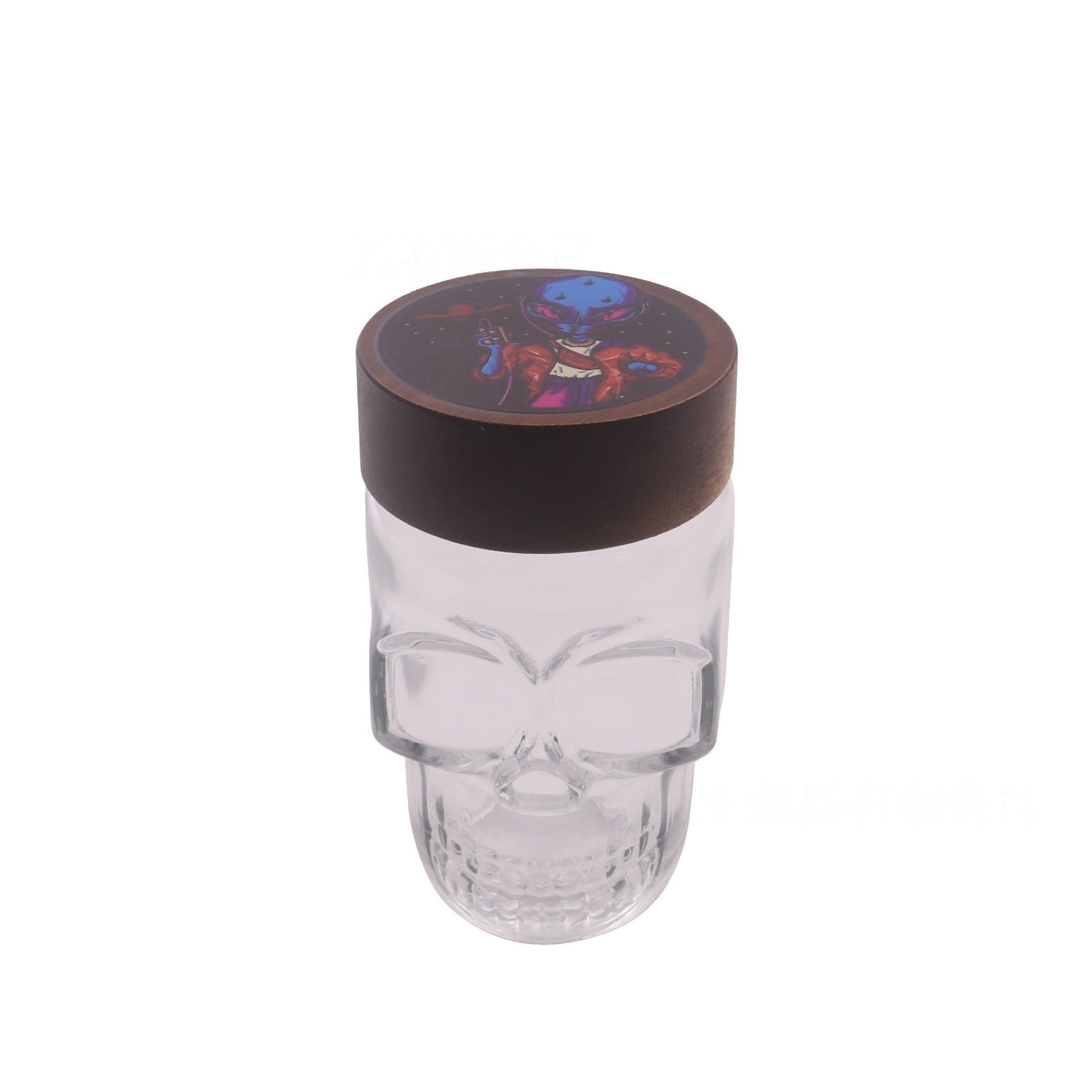 Clear Glass Skull Shaped Jar with Printed  Wood Lid