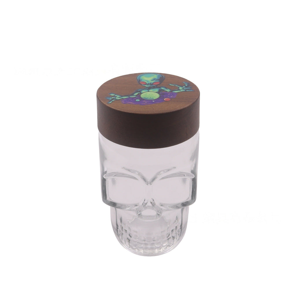 Clear Glass Skull Shaped Jar with Printed  Wood Lid