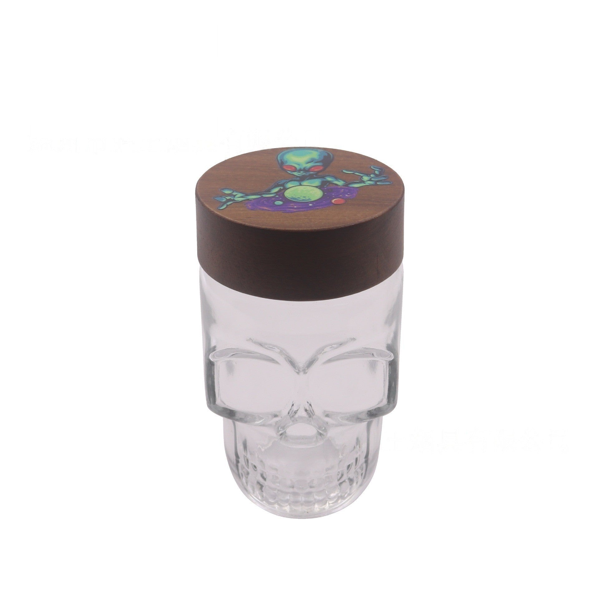 Clear Glass Skull Shaped Jar with Printed  Wood Lid