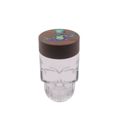 Clear Glass Skull Shaped Jar with Printed  Wood Lid