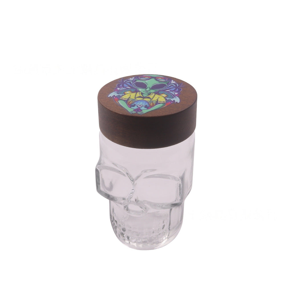 Clear Glass Skull Shaped Jar with Printed  Wood Lid