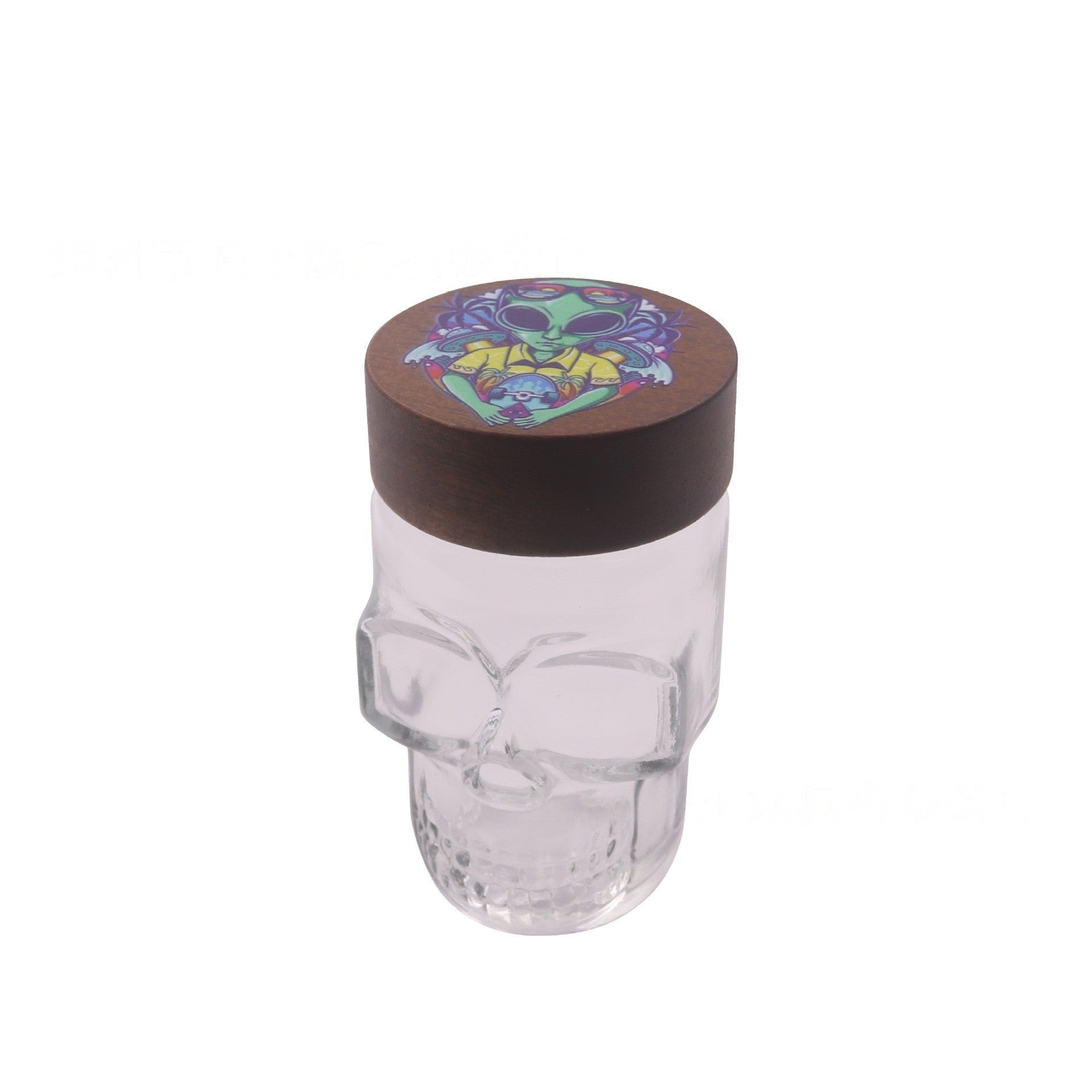 Clear Glass Skull Shaped Jar with Printed  Wood Lid
