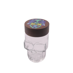 Clear Glass Skull Shaped Jar with Printed  Wood Lid