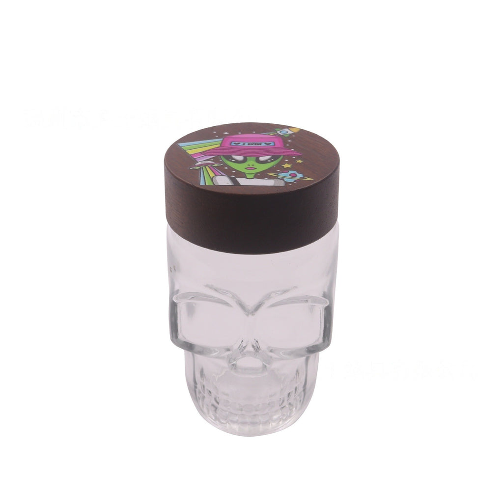 Clear Glass Skull Shaped Jar with Printed  Wood Lid